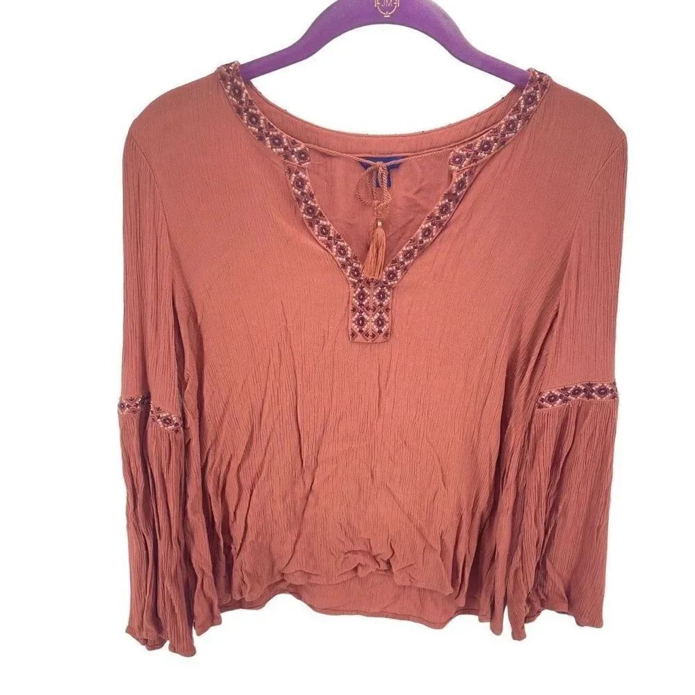 Aeropostale Women's Long Sleeve Top Embroidered Floral Blouse Orange Medium